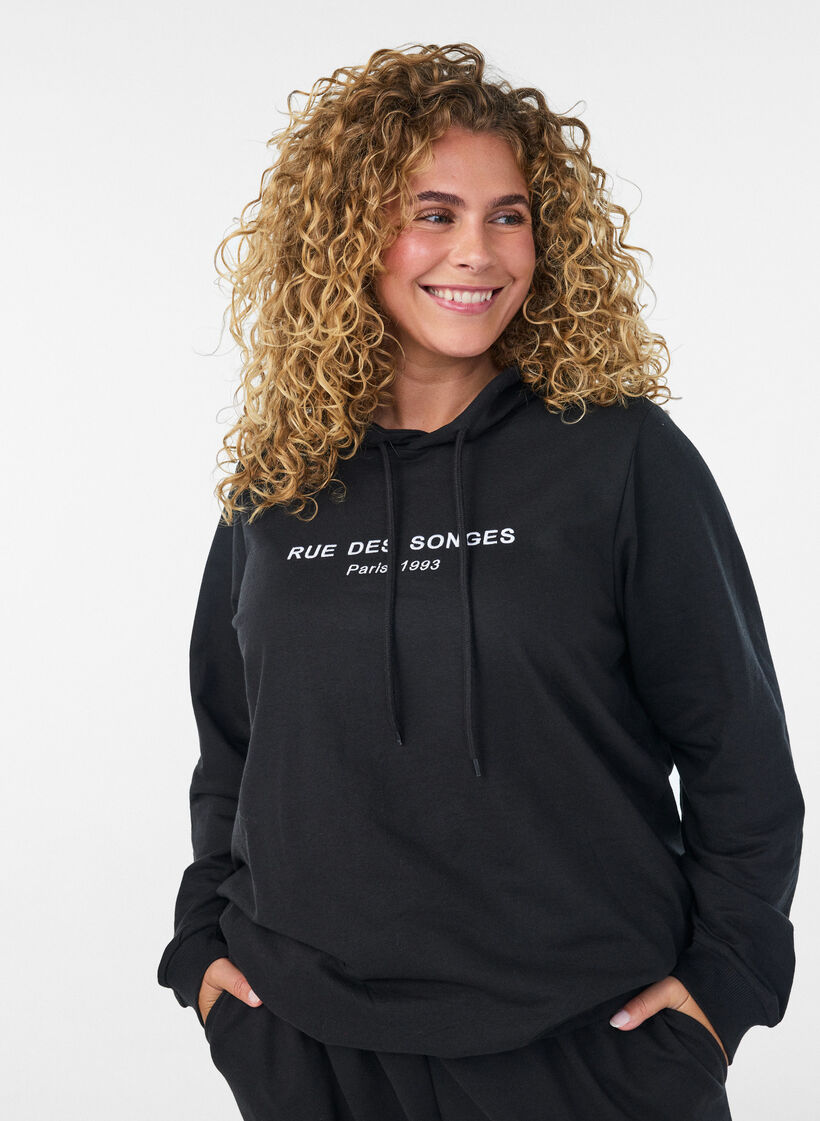 Sweatshirt med h&aelig;tte og print, Sort, Model image number 0