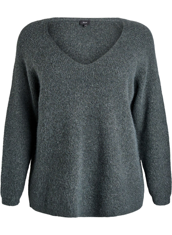 Strikbluse med V-hals og raglan&aelig;rmer, Gr&oslash;n, Packshot image number 0