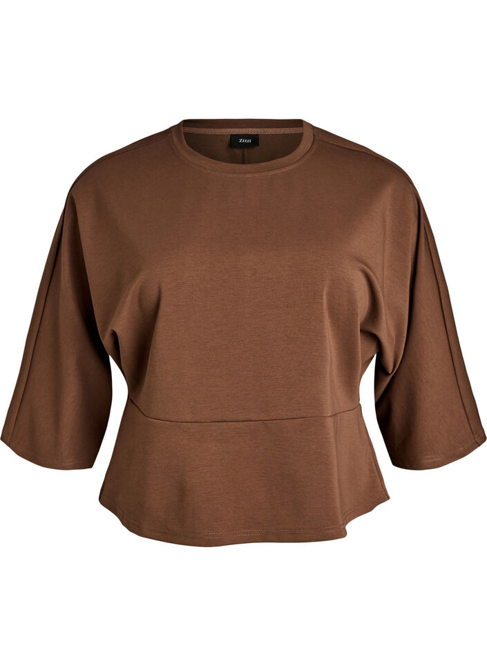 Peplumbluse med albuelange &aelig;rmer, Brun, Packshot image number 0