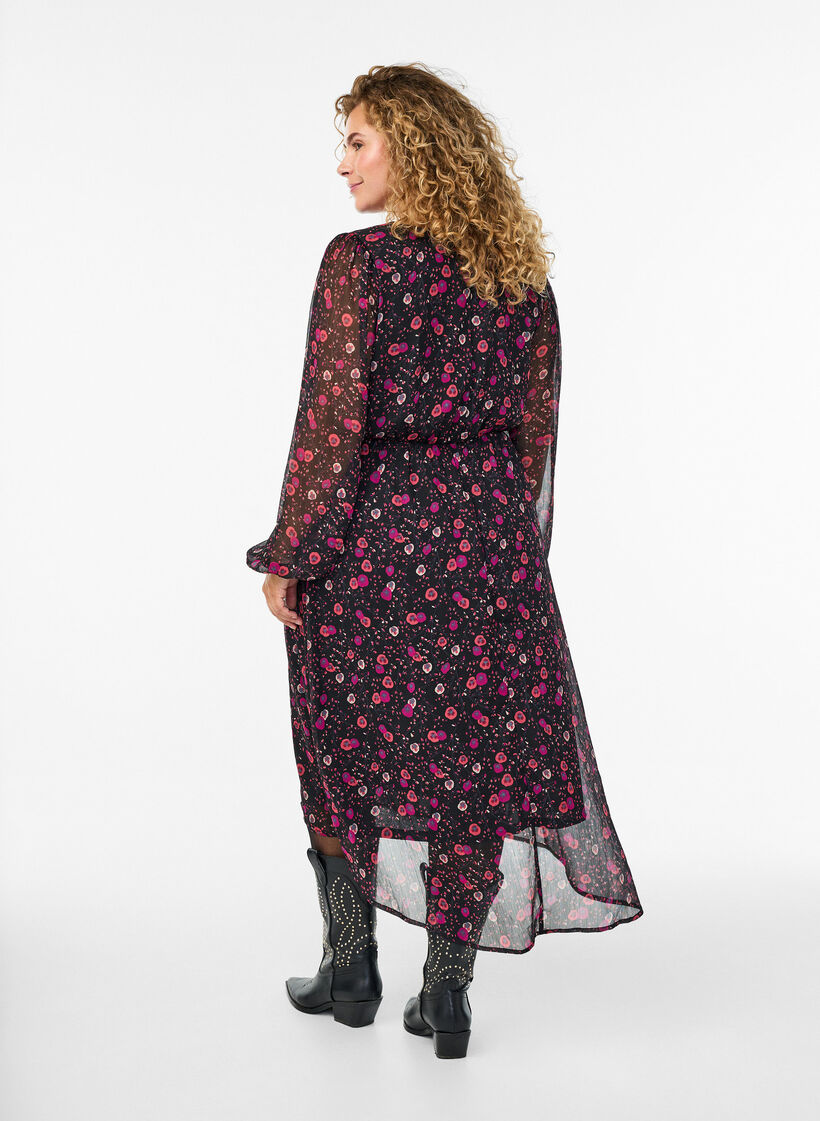 Kjole i chiffon med blomsterprint og lange &aelig;rmer, Sort, Model image number 1