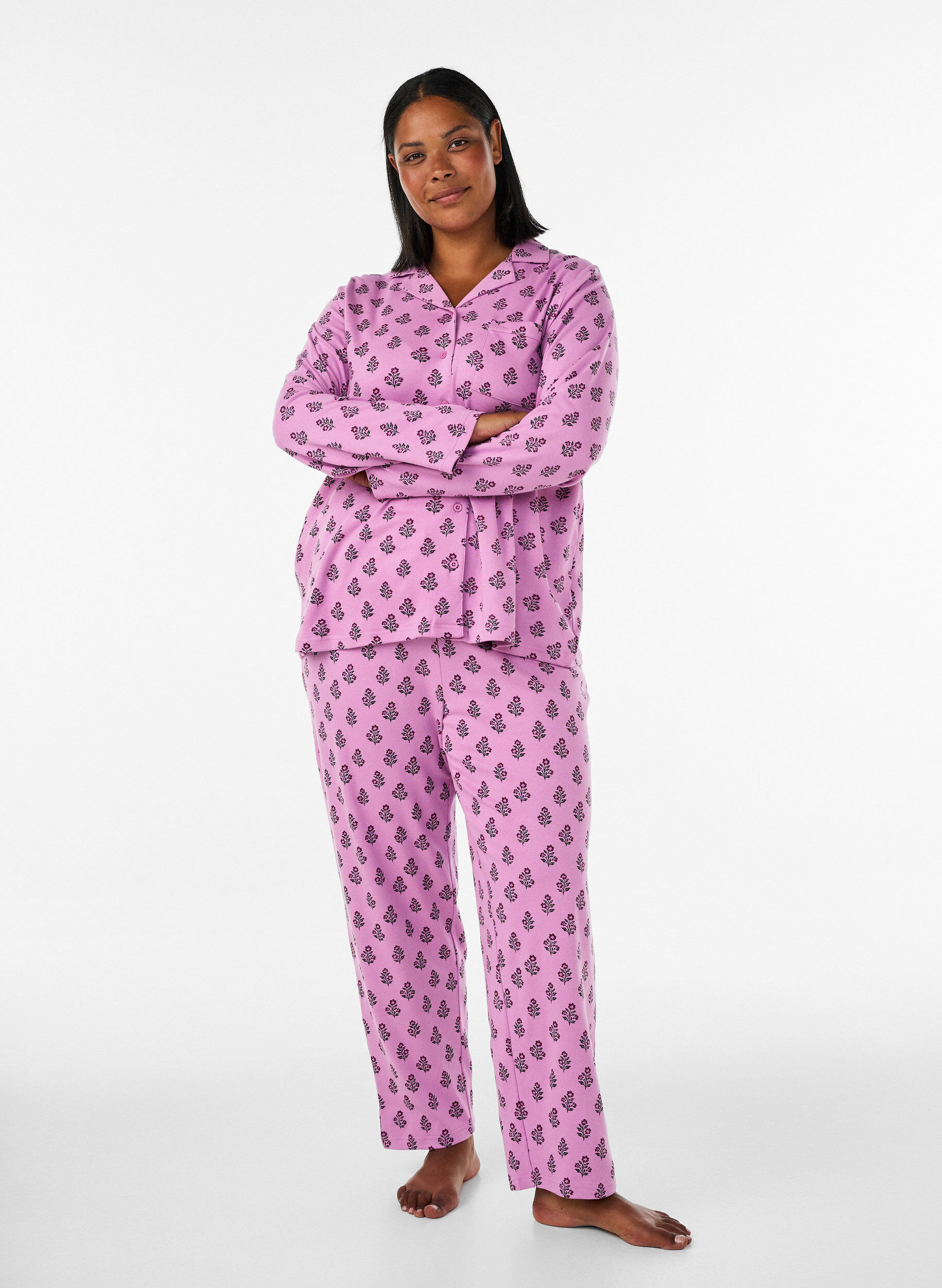 Pyjamasbukser i bomuld med h&oslash;j talje, Lyser&oslash;d, Model