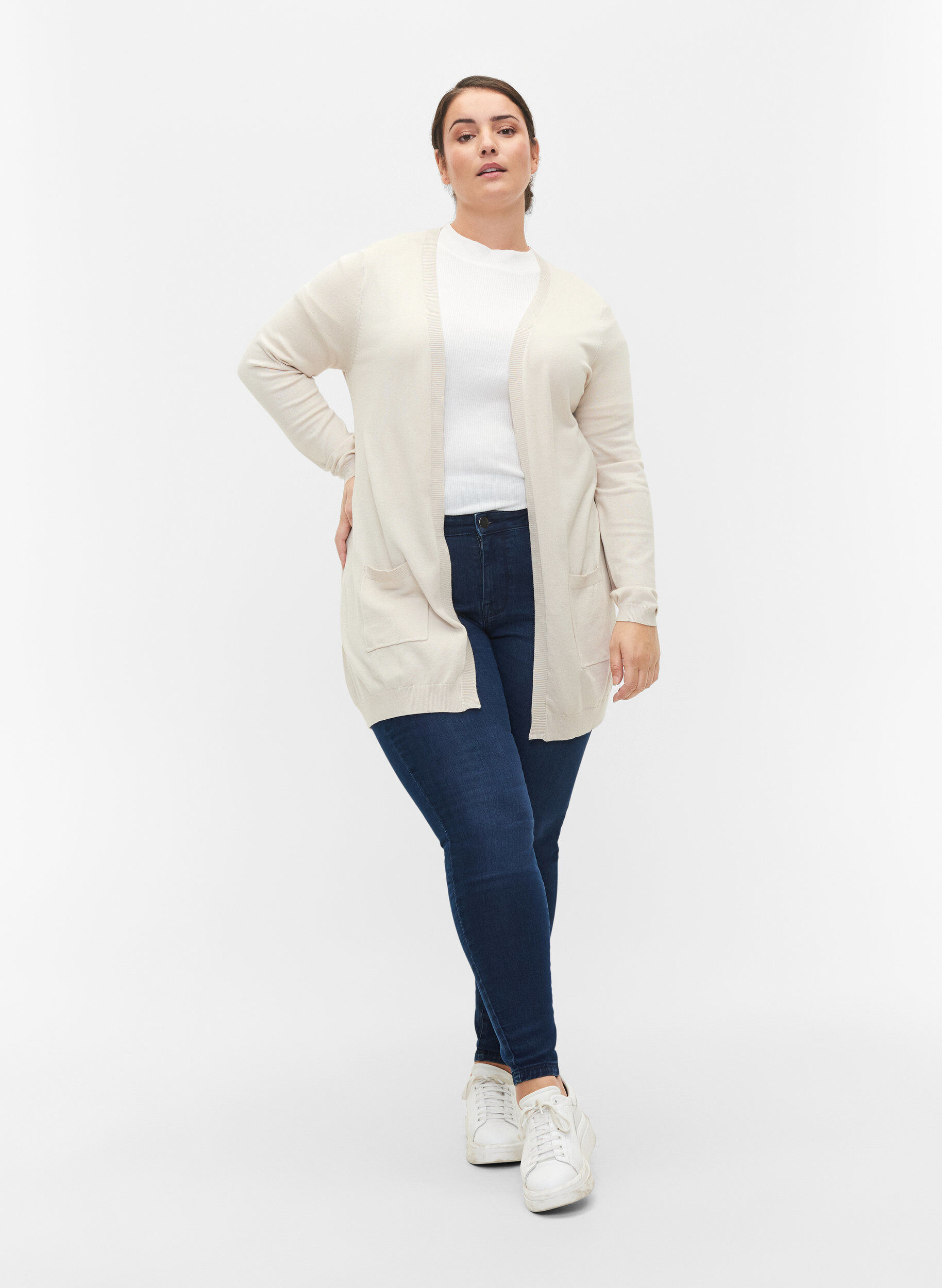 ZizziLang strikcardigan i viskosemix, Beige, Model image number 1