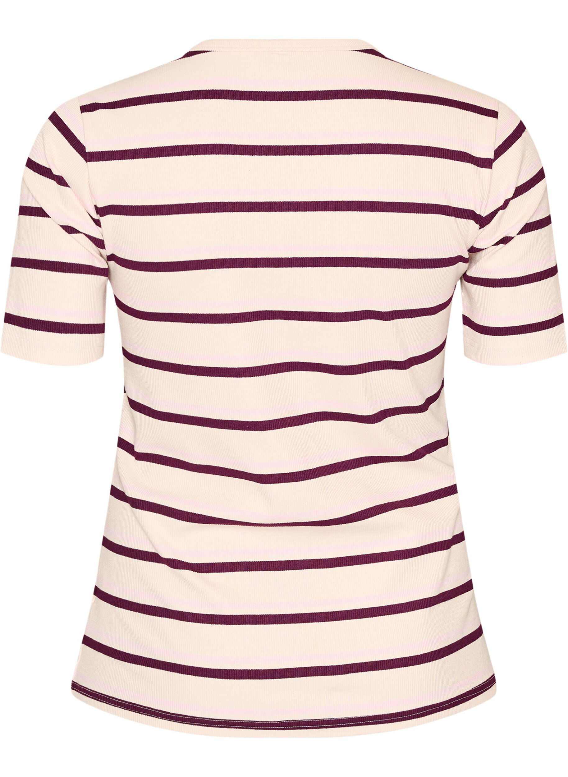 ZizziRib T-shirt med striber og knapdetalje, Lilla, Packshot image number 1