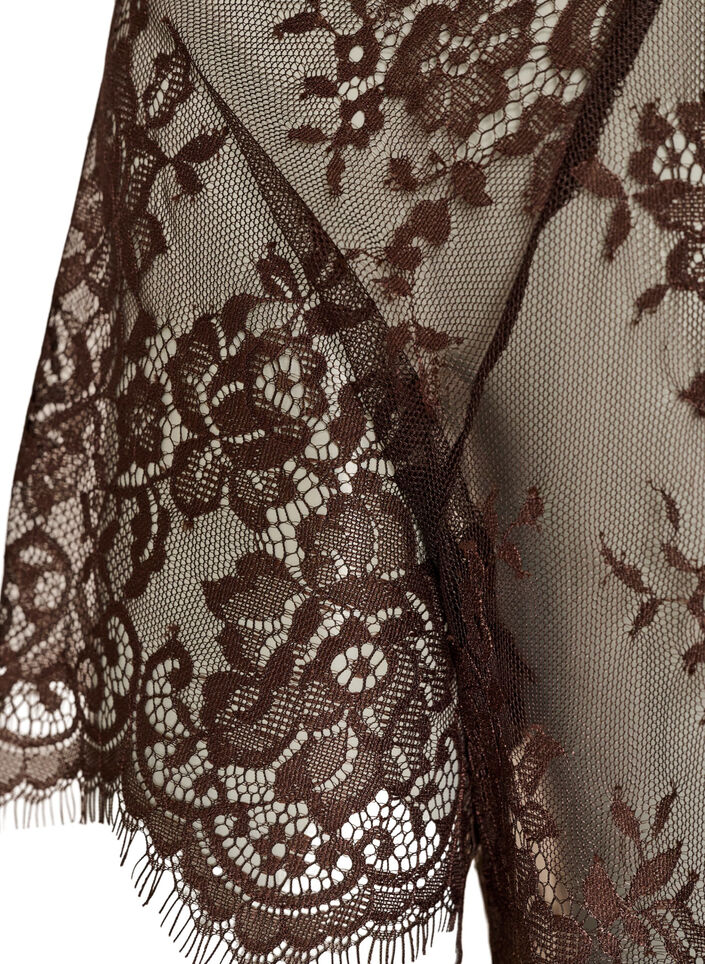 Kort&aelig;rmet blondebluse med bindeb&aring;nd, Brun, Packshot image number 3