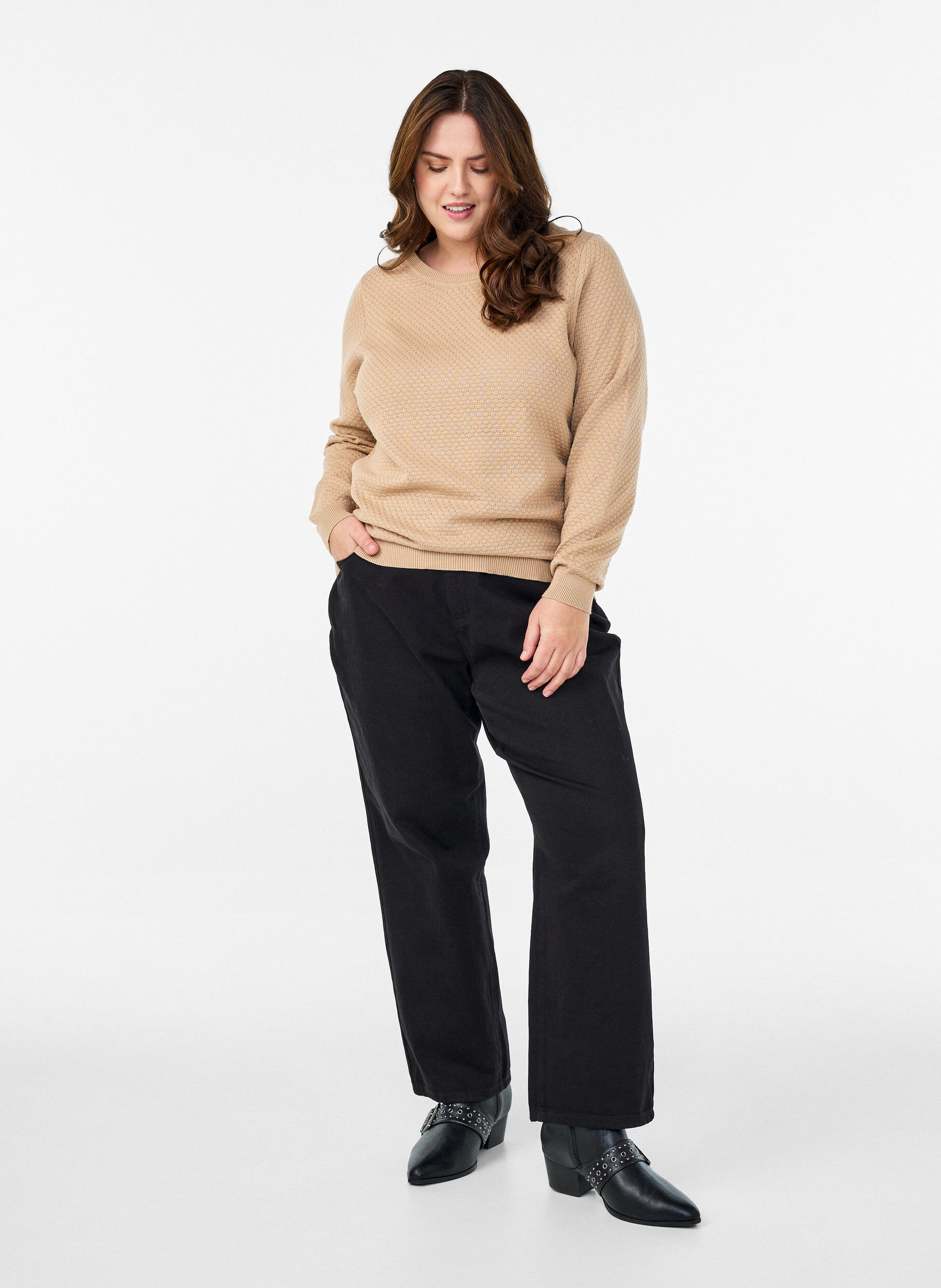 Zizzi Strikbluse i bomuld med strukturm&oslash;nster, Beige, Model image number 1