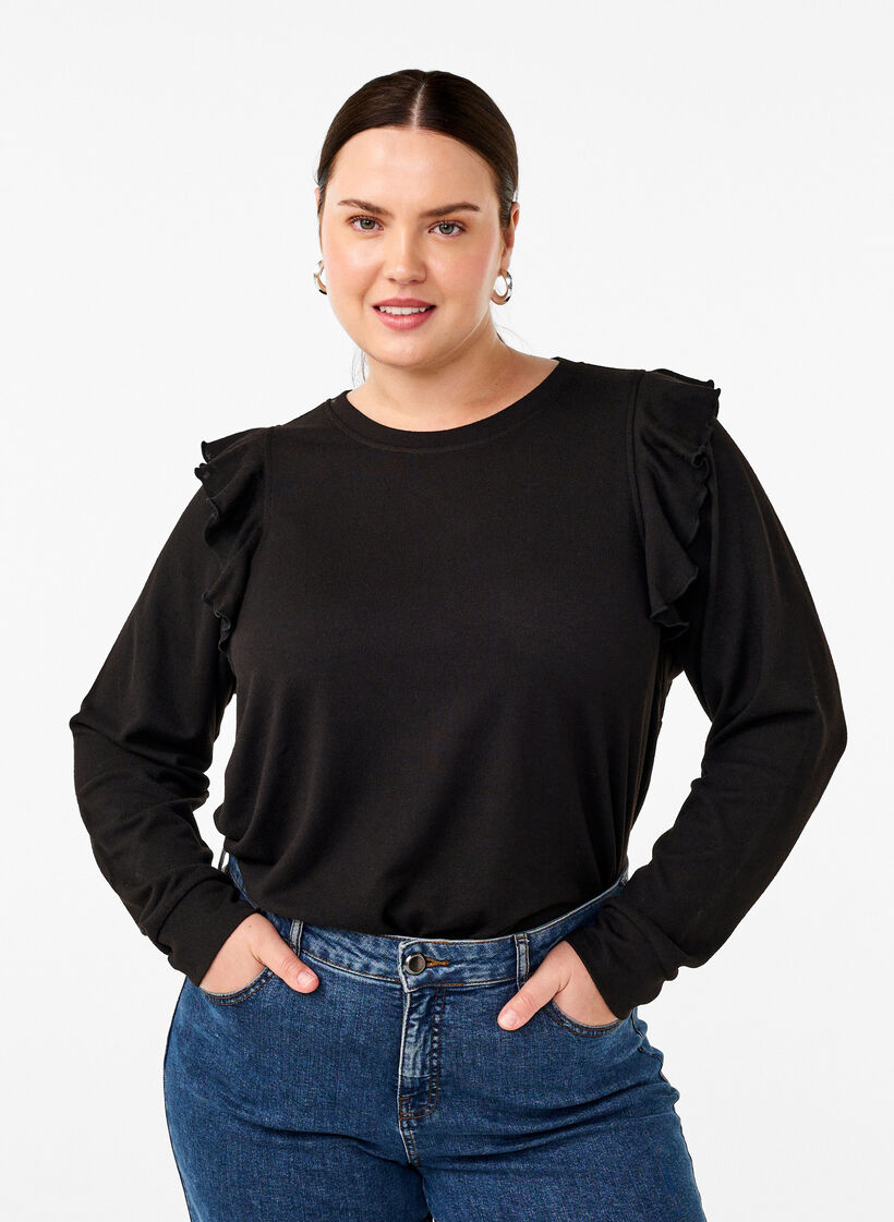Langærmet bluse med flæsedetaljer, Black, Model image number 0