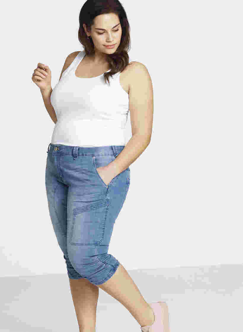 Slim fit capri jeans med lommer, Light blue denim, Model image number 1