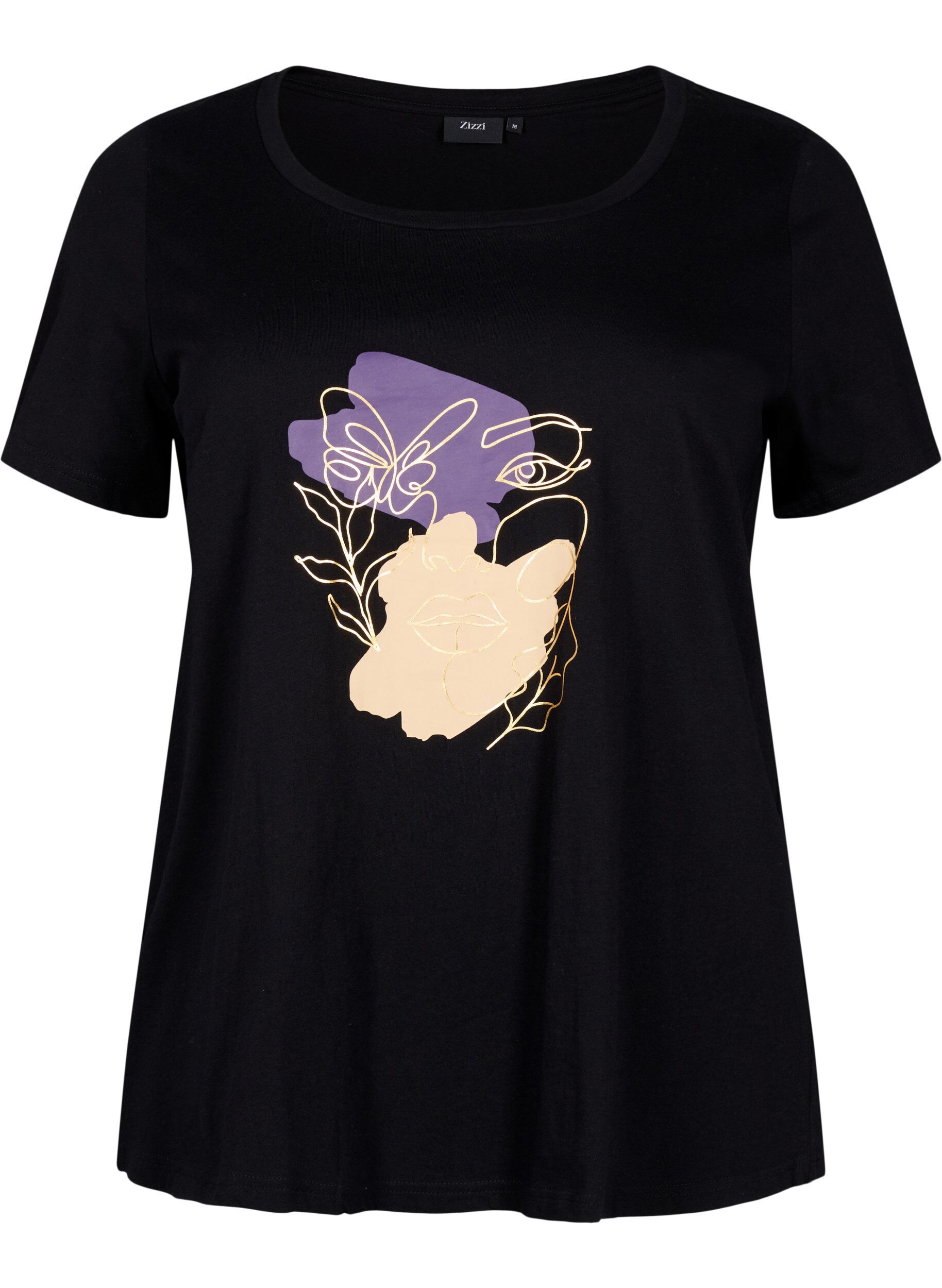 Zizzi Bomulds t-shirt med motiv, Black w. Face Foil, Packshot image number 0