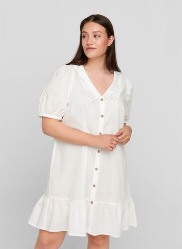 Bomulds skjortekjole med ballonærmer, Bright White, Model image number 0