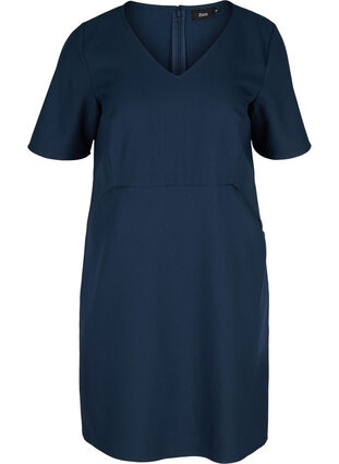 Ensfarvet etui kjole med v-udskæring, Navy Blazer, Packshot image number 0