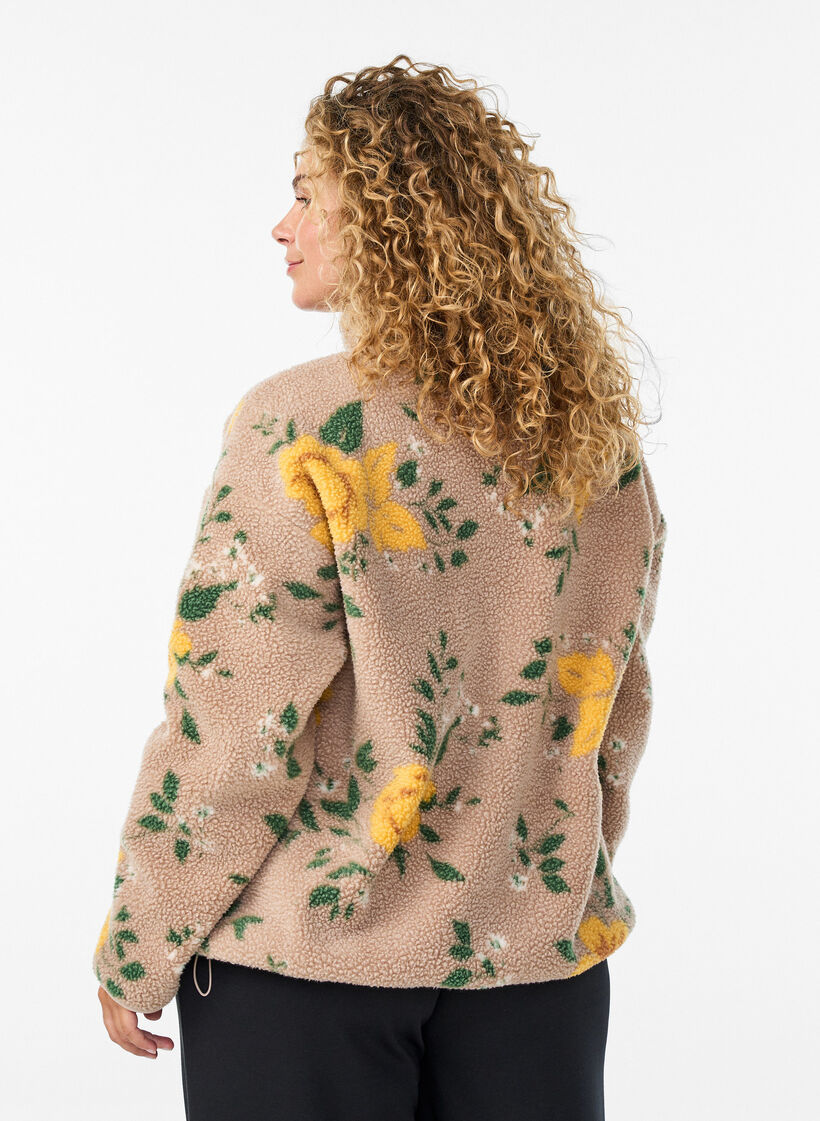 Blomstret fleecejakke med h&oslash;j hals og lynl&aring;s, Beige, Model image number 2