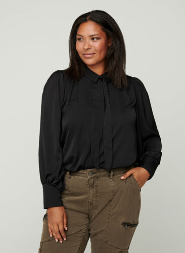 Skjorte med let pufærme og binde detalje, Black, Model image number 0