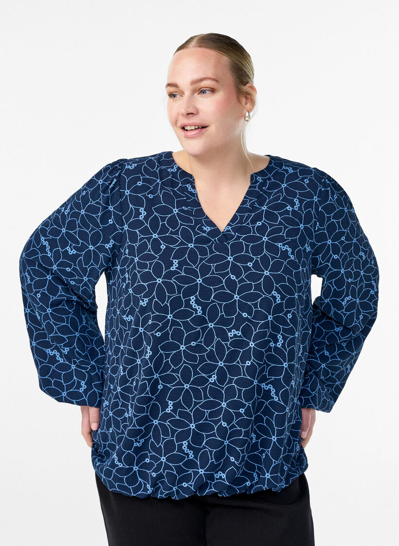 Langærmet bluse med broderet blomstermønster, Blå, Model image number 0