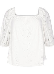 Bluse med korte puf&aelig;rmer og hulm&oslash;nster, Hvid