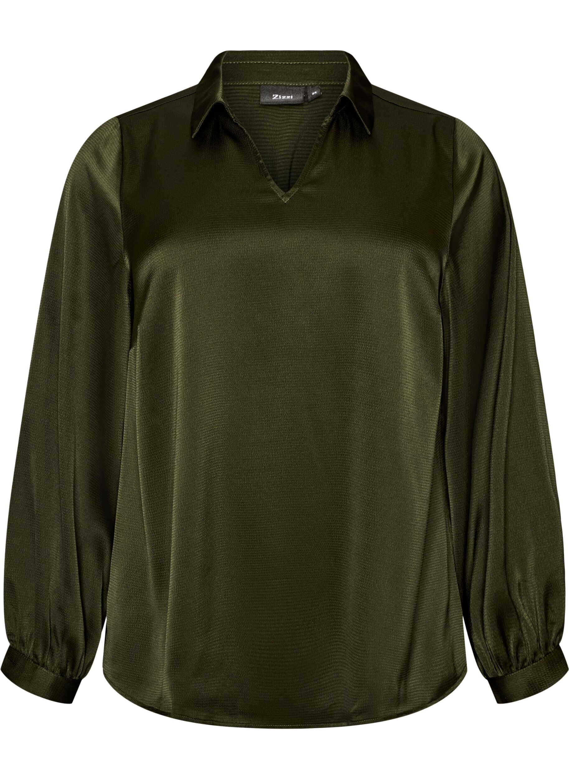 ZizziBluse med skjortekrave og V-hals, Gr&oslash;n, Packshot image number 0