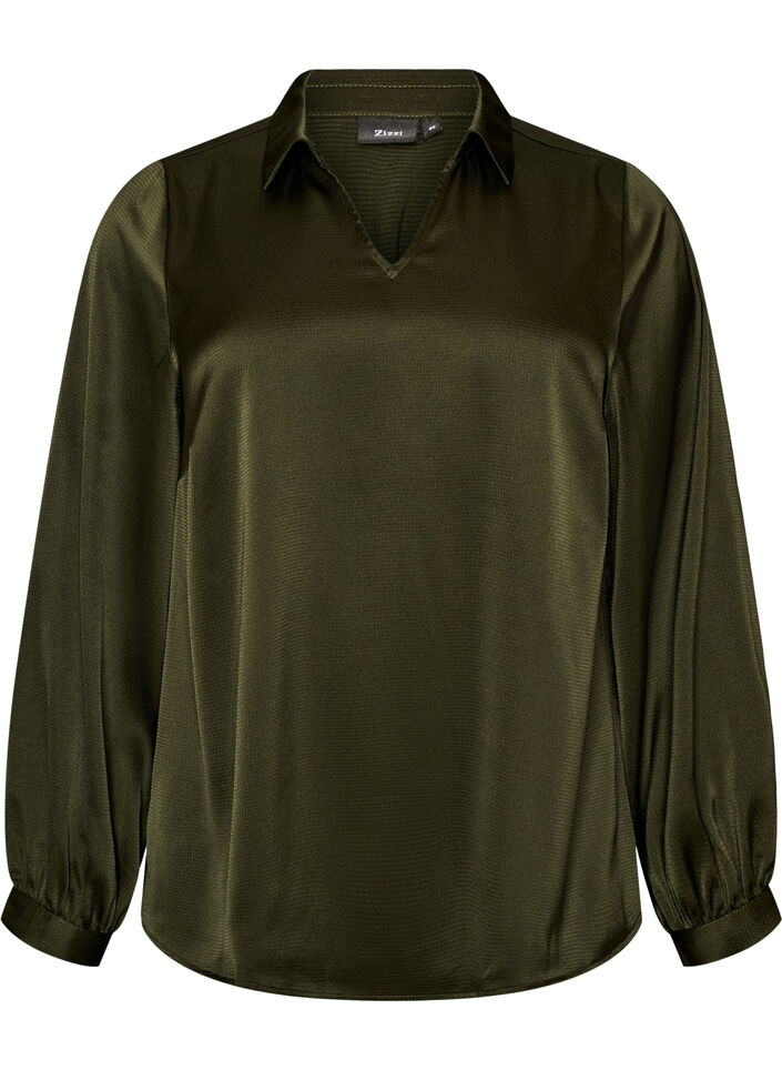 Bluse med skjortekrave og V-hals, Gr&oslash;n, Packshot image number 0