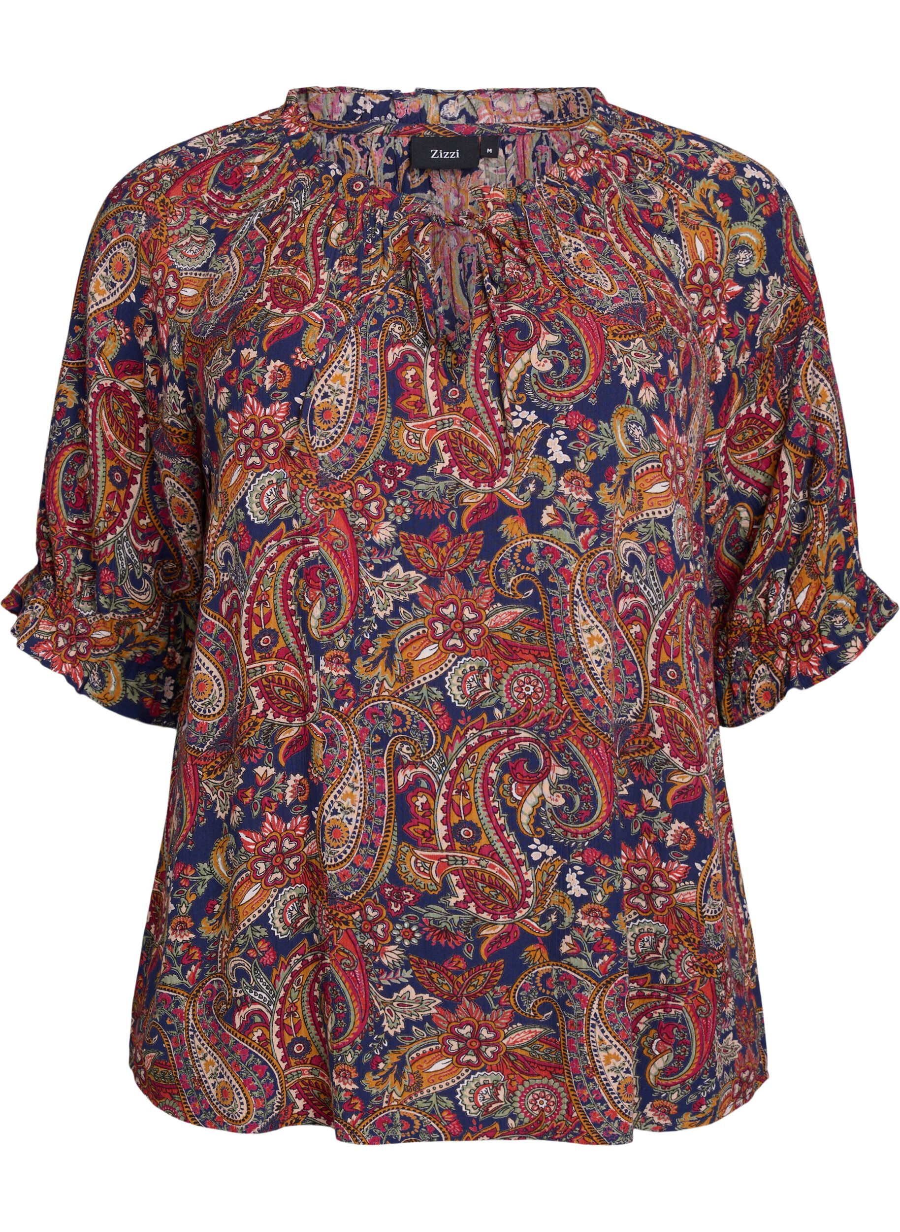 ZizziViskosebluse med paisleyprint og halvlange &aelig;rmer, Bl&aring;, Packshot image number 0