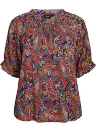 Viskosebluse med paisleyprint og halvlange &aelig;rmer, Bl&aring;