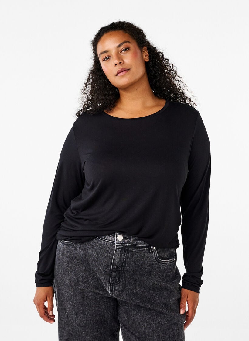 Lang&aelig;rmet bluse i uld og viskose, Sort, Model image number 0
