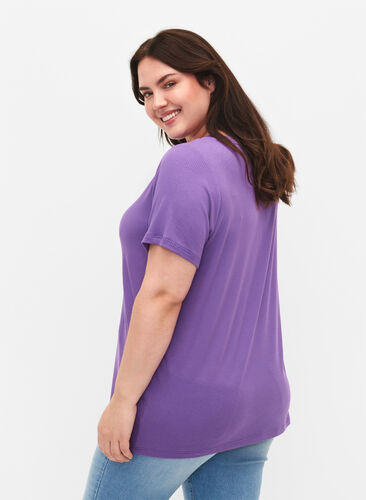 Viskose t-shirt med rib og v-hals, Deep Lavender, Model image number 1