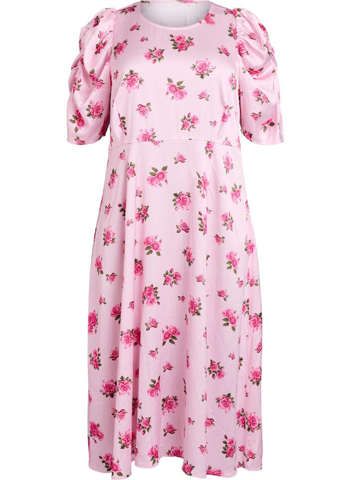 Blomstret midikjole med puf&aelig;rmer, Lyser&oslash;d, Packshot image number 0