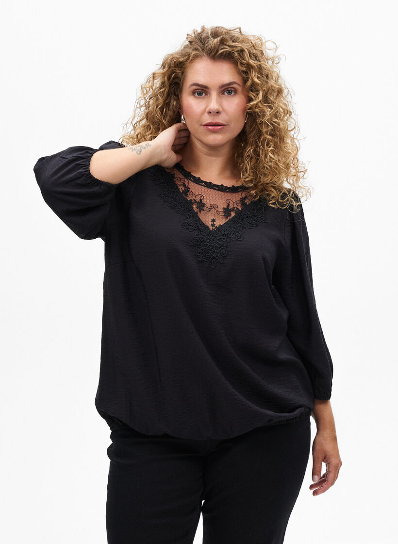Bluse med 3/4 &aelig;rmer og blondedetalje, Sort, Model image number 0