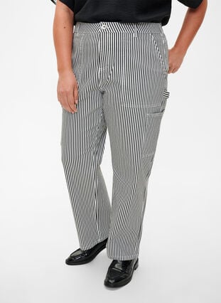 Stribede cargo jeans med straight fit, Black White Stripe, Model image number 2