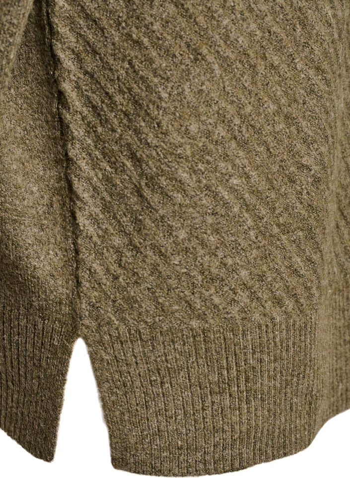 Strikbluse med V-formet ribmønster og slidser, Grøn, Packshot image number 3