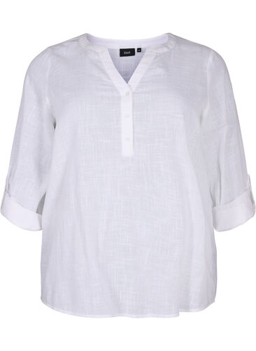 Skjortebluse i bomuld med v-udskæring, Bright White, Packshot image number 0