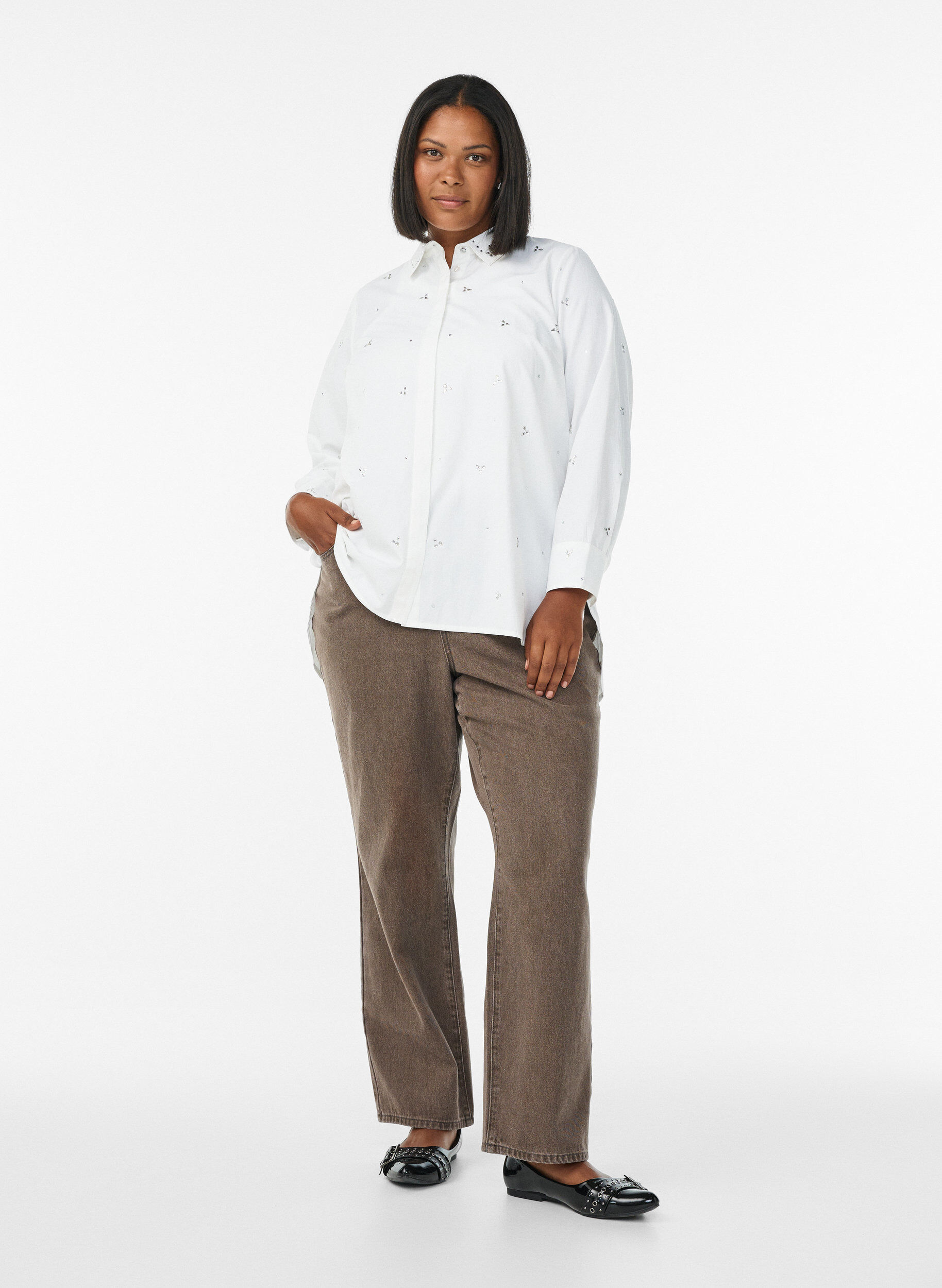 Zizzi Skjorte med rhinsten, Hvid, Model image number 1