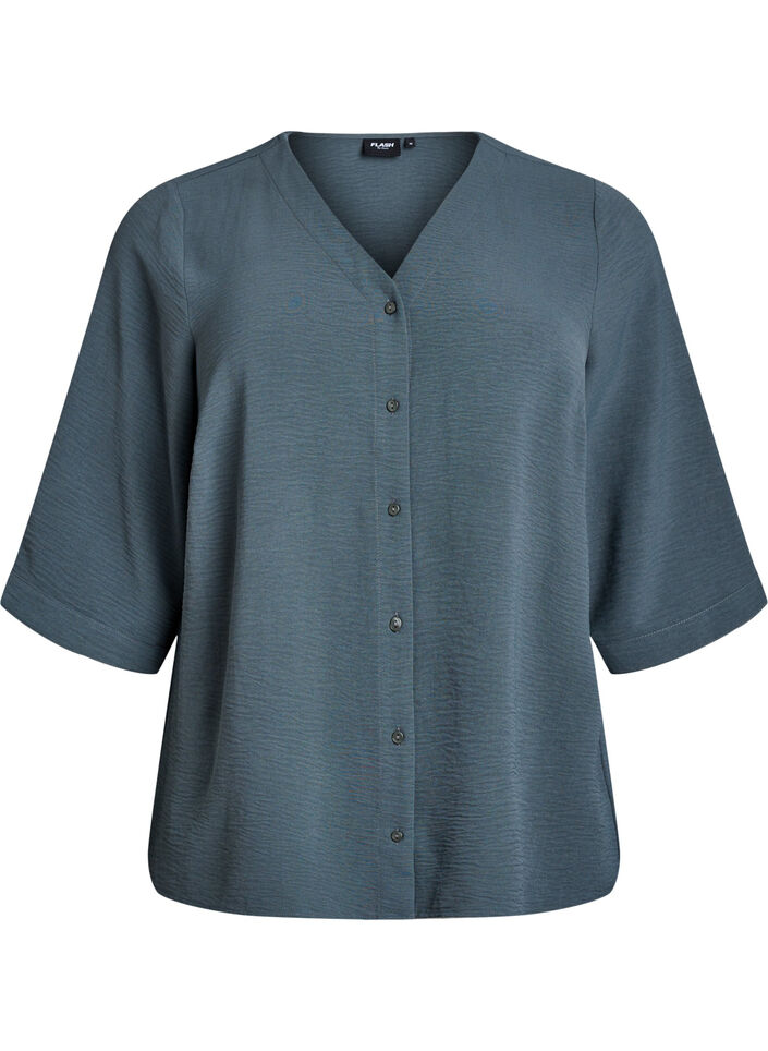 Skjortebluse med V-udsk&aelig;ring og 3/4-&aelig;rmer, Gr&oslash;n, Packshot image number 0