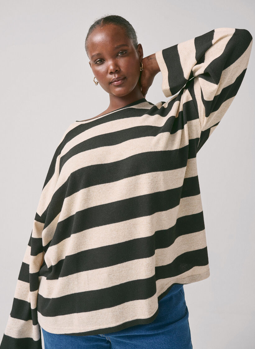 Langærmet bluse med striber, Bl. Beige Mel.Stripe, Image image number 0