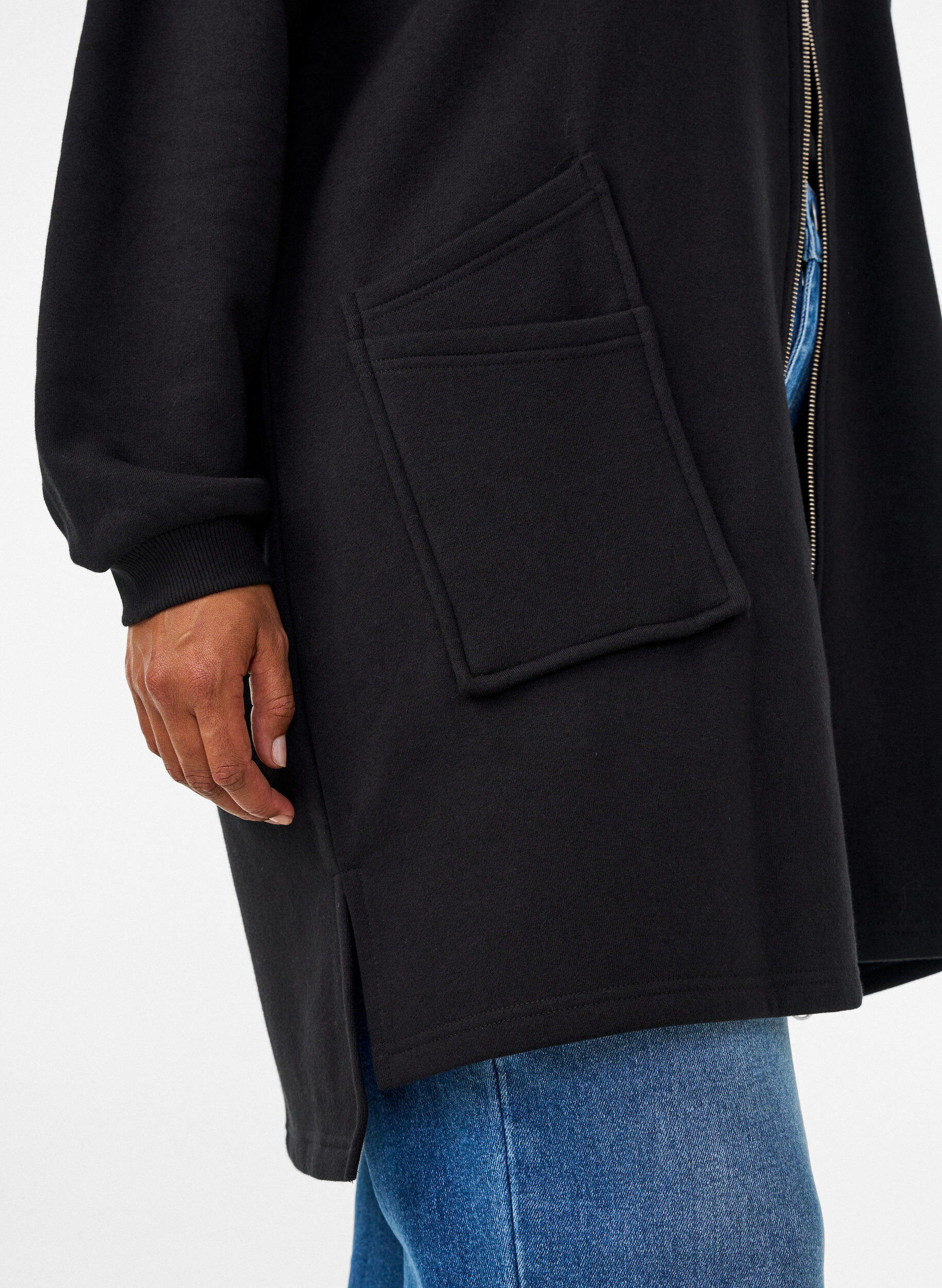 ZizziLang hoodie-cardigan med lynl&aring;s, Sort, Model image number 3