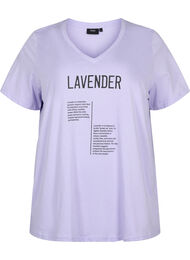 Bomulds t-shirt med v-hals og tekst, Lavender w. Text