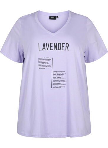 Bomulds t-shirt med v-hals og tekst, Lavender w. Text, Packshot image number 0