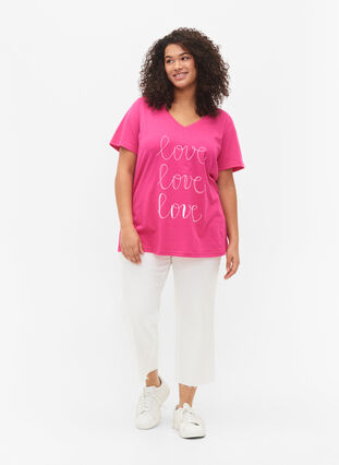 Bomulds t-shirt med v-hals og tryk, Fuchsia Purple Love, Model image number 2