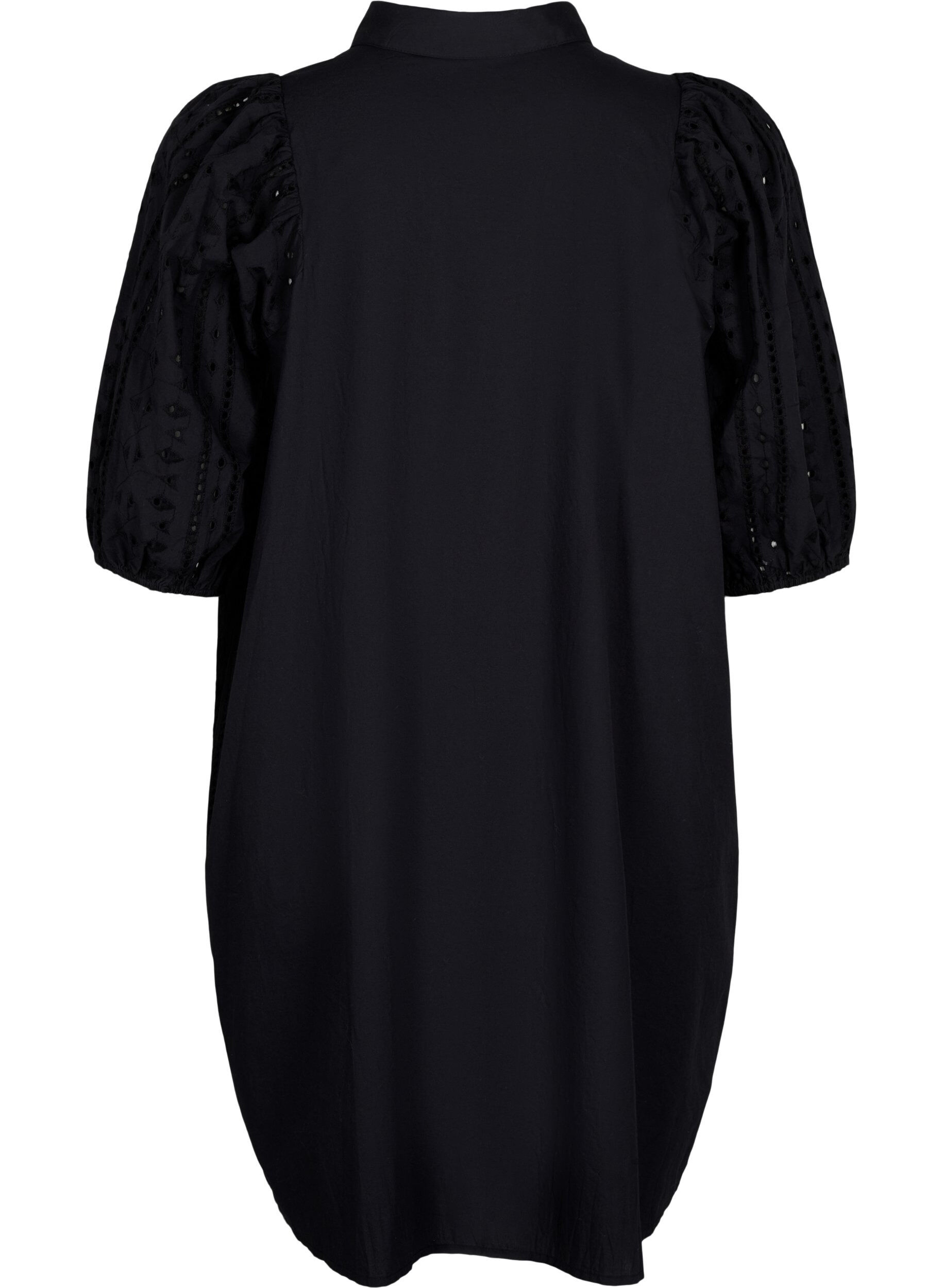 Zizzi Skjortekjole i bomuld med broderi anglaise, Black, Packshot image number 1