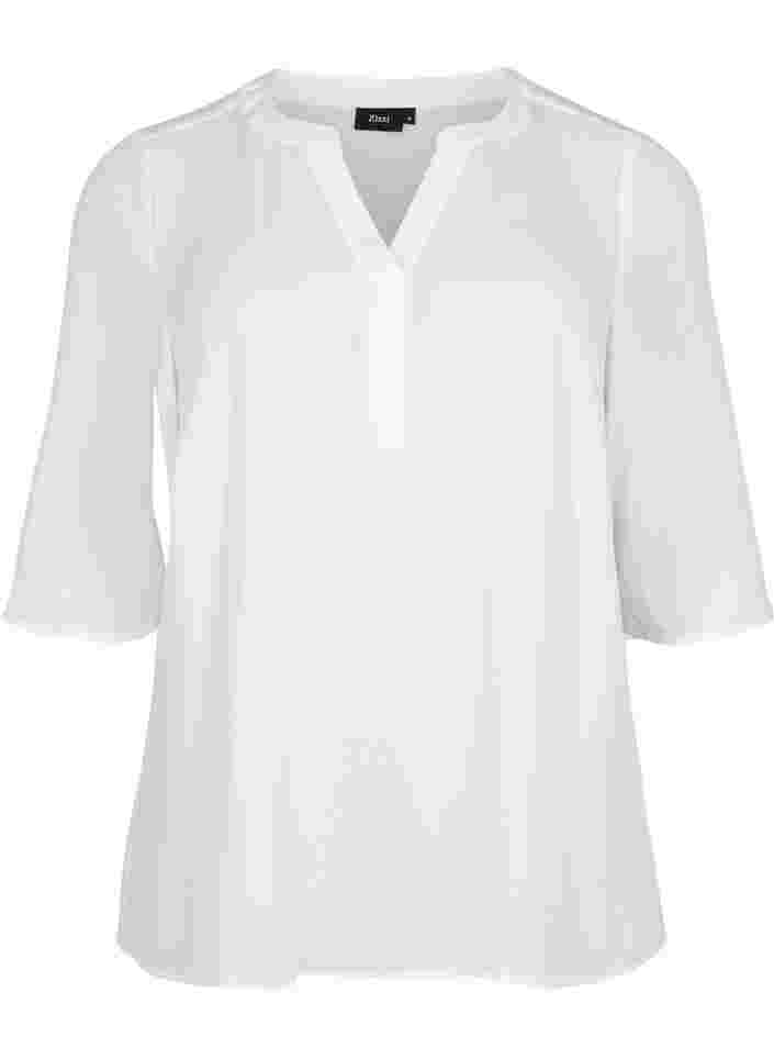 Bluse med 3/4 ærmer og v-hals, Bright White, Packshot image number 0