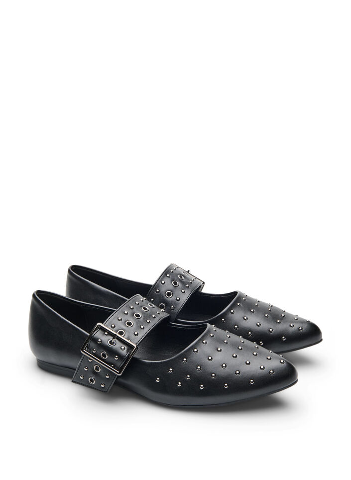 Wide fit - Spids ballerina med spænde og nitter, Sort, Packshot