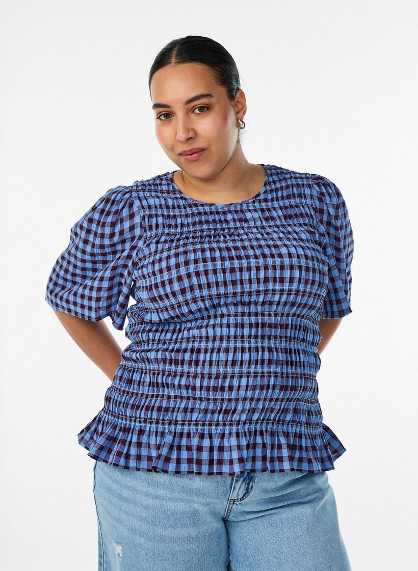 Smockbluse med gingham tern og fl&aelig;sekant, Bl&aring;, Model image number 0