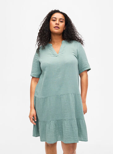 Kortærmet kjole i 100% bomuld, Chinois Green, Model image number 0