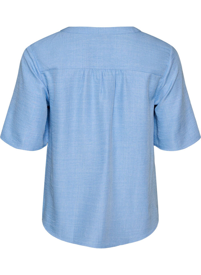 Skjortebluse med v-hals og korte &aelig;rmer, Bl&aring;, Packshot image number 1
