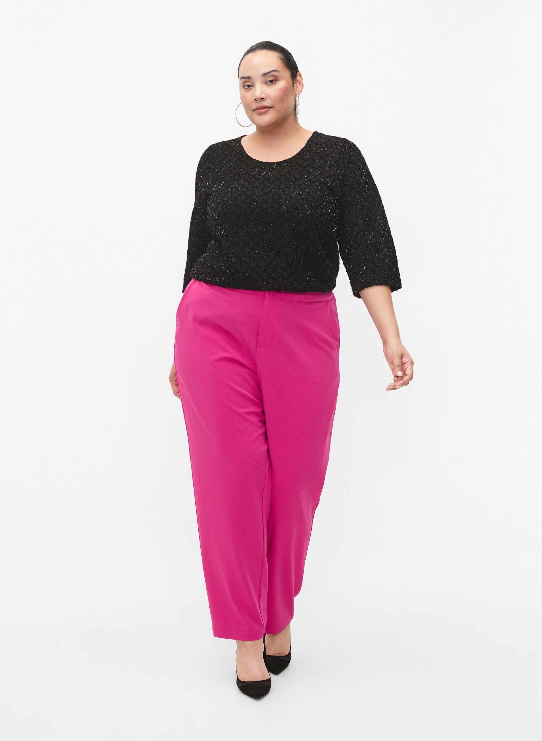 Zizzi M&oslash;nstret bluse med 3/4 &aelig;rmer og glitter, Black, Model image number 2