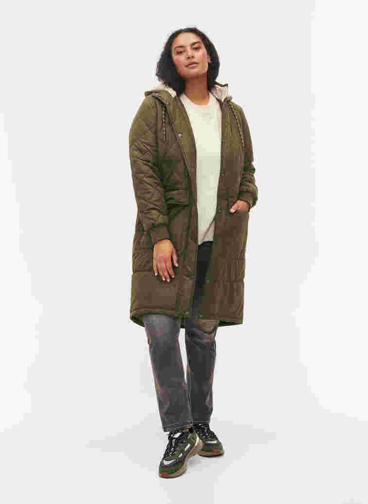 Quiltet jakke med hætte og justerbar talje, Forest Night, Model image number 2