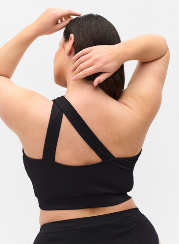 One-shoulder bikini top i rib, Black, Model image number 1