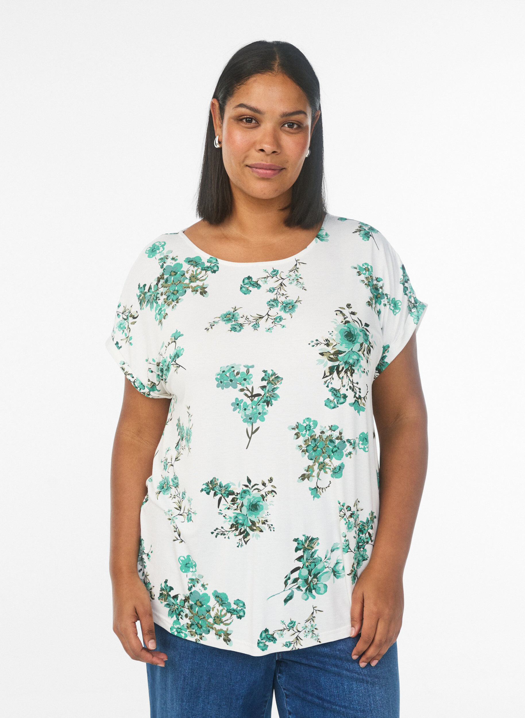 Zizzi T-shirt med blomsterprint, Hvid, Model image number 0