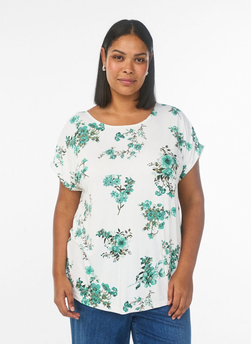 T-shirt med blomsterprint, Hvid, Model image number 0