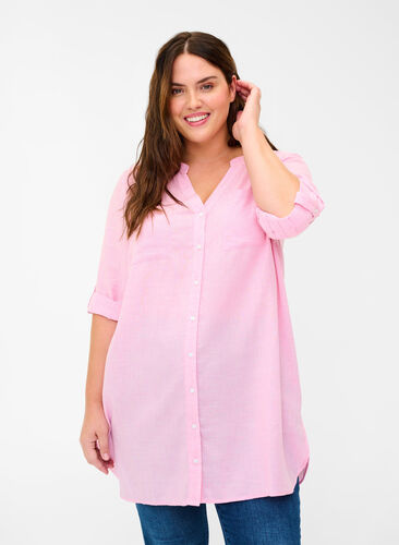 Lang skjorte med v-hals og brystlommer, Cameo Pink, Model image number 0