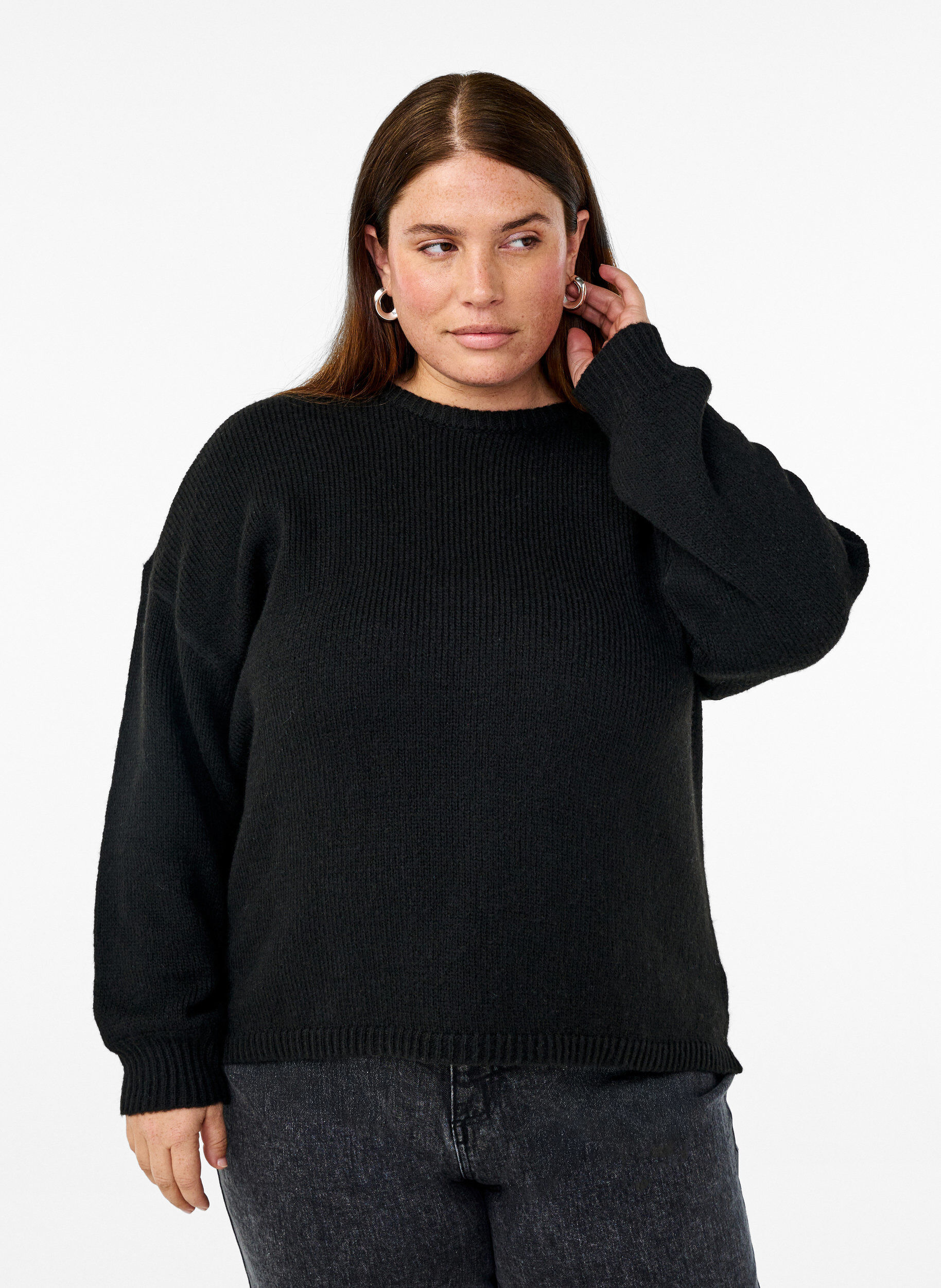 Zizzi Lang&aelig;rmet strikbluse med uld og rund hals, Black Solid, Model image number 0