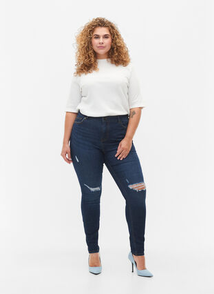 Super slim Amy jeans med slid og høj talje, Dark blue, Model image number 0